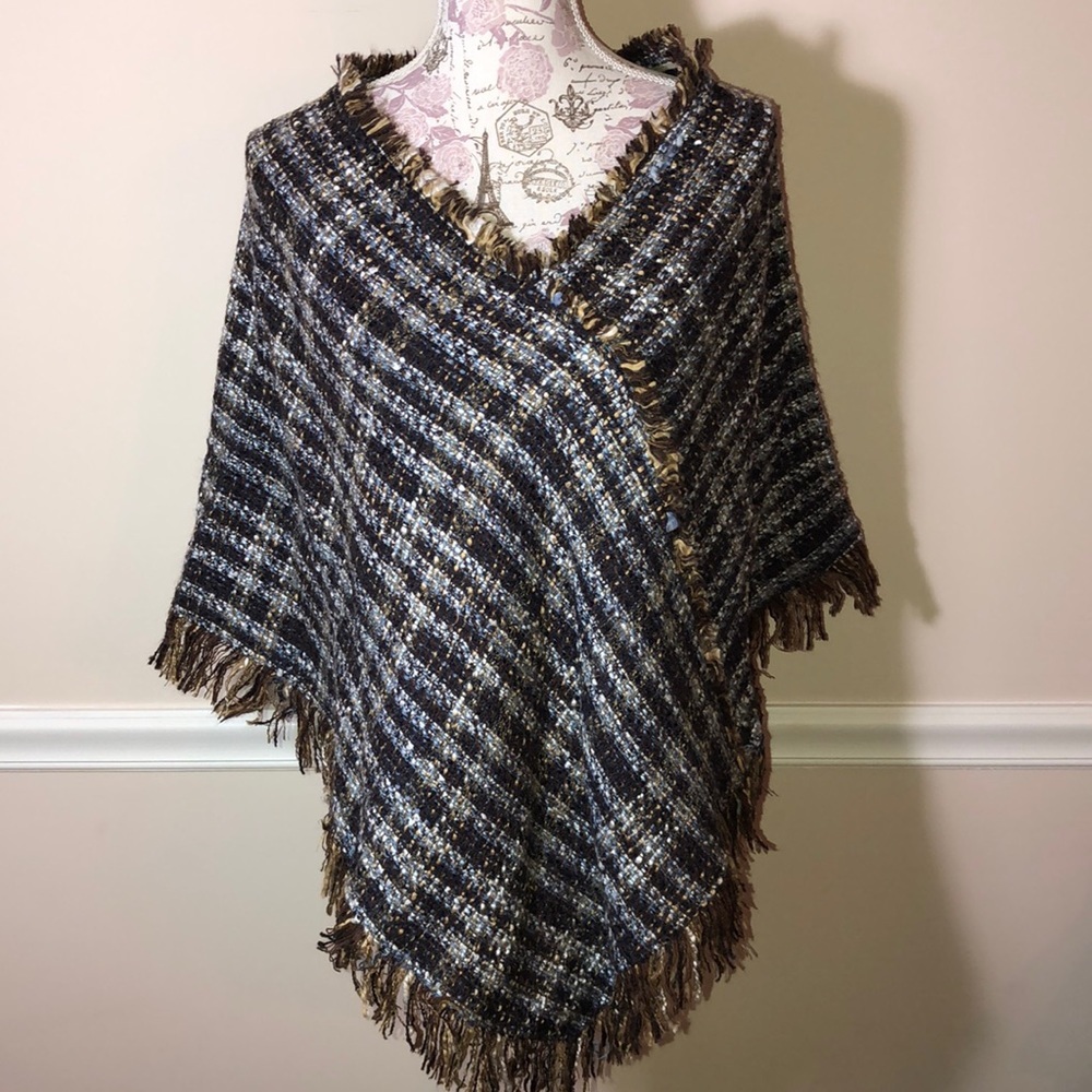 True Meaning Tweed Poncho blue Brown one size
